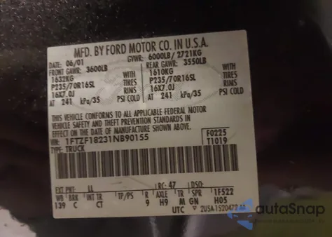 2001 Ford F-150 Xl/Xlt z USA, uszkodzony, nr VIN 1FTZF18231NB90155